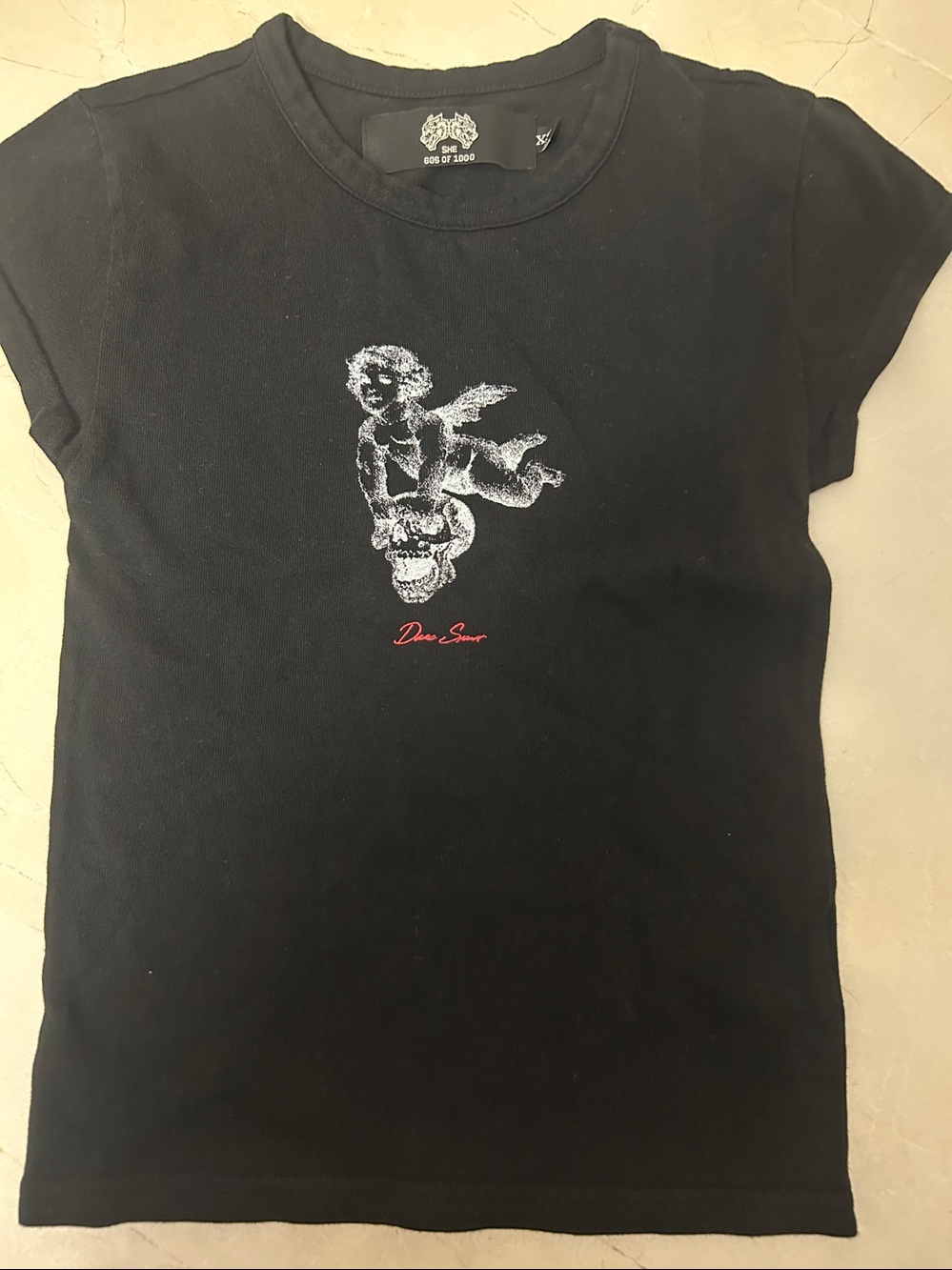 Darc Sport Black Women's Graphic Tee with Cherub xs NWT stretch